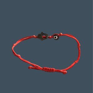 RED ADJUSTABLE BRACELET WITH EVIL EYE AND HAND CHARM